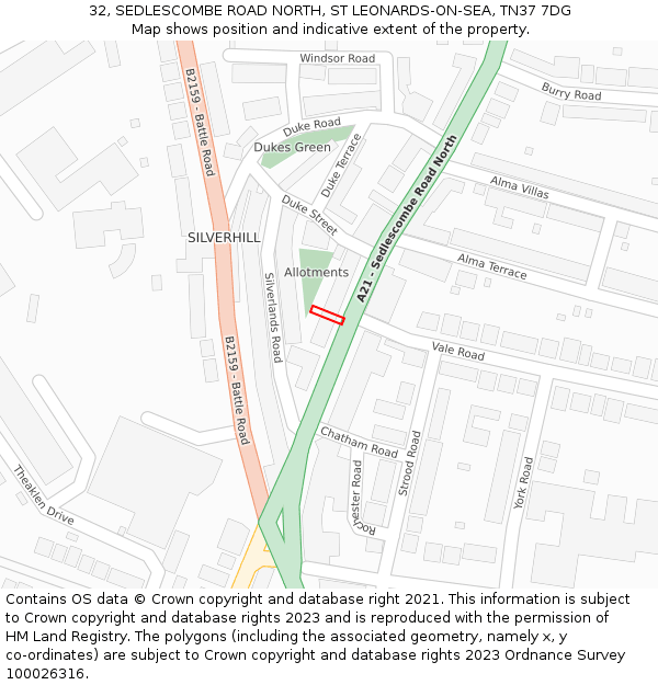 32, SEDLESCOMBE ROAD NORTH, ST LEONARDS-ON-SEA, TN37 7DG: Location map and indicative extent of plot