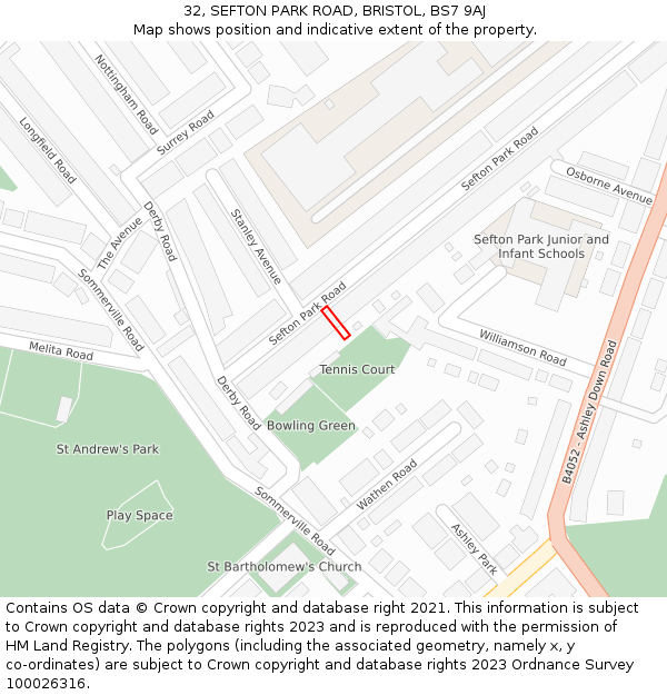 32, SEFTON PARK ROAD, BRISTOL, BS7 9AJ: Location map and indicative extent of plot