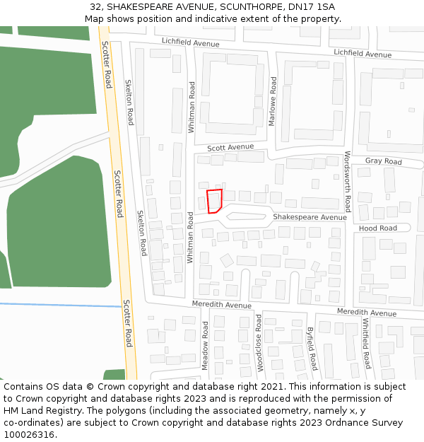 32, SHAKESPEARE AVENUE, SCUNTHORPE, DN17 1SA: Location map and indicative extent of plot