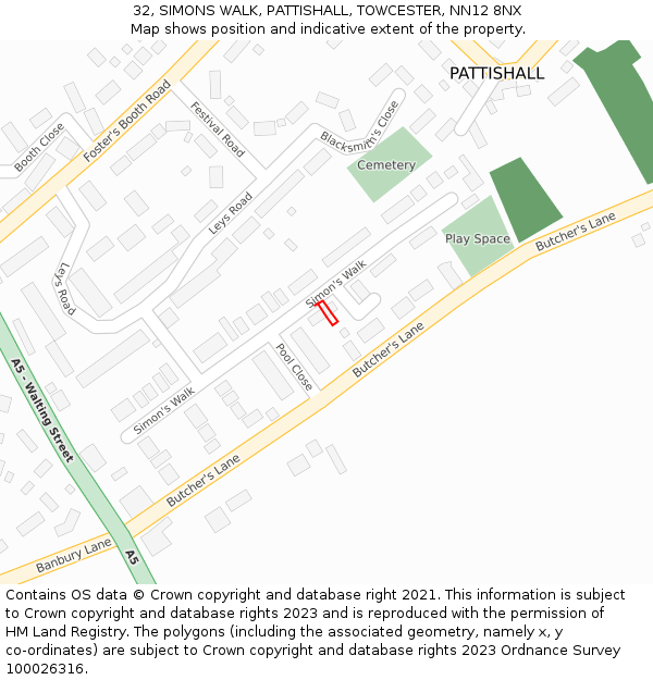 32, SIMONS WALK, PATTISHALL, TOWCESTER, NN12 8NX: Location map and indicative extent of plot