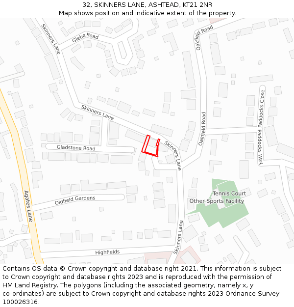 32, SKINNERS LANE, ASHTEAD, KT21 2NR: Location map and indicative extent of plot