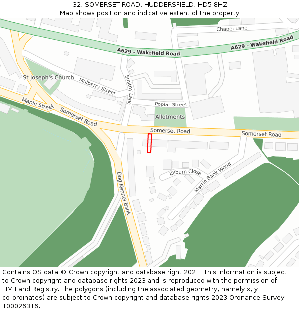 32, SOMERSET ROAD, HUDDERSFIELD, HD5 8HZ: Location map and indicative extent of plot