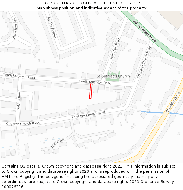 32, SOUTH KNIGHTON ROAD, LEICESTER, LE2 3LP: Location map and indicative extent of plot
