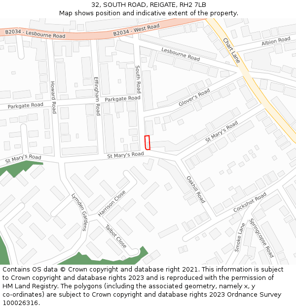 32, SOUTH ROAD, REIGATE, RH2 7LB: Location map and indicative extent of plot
