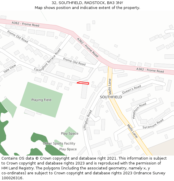 32, SOUTHFIELD, RADSTOCK, BA3 3NY: Location map and indicative extent of plot