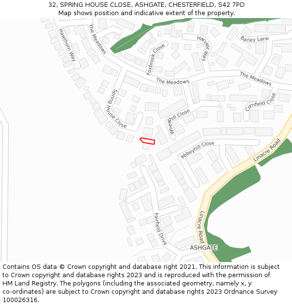 32, SPRING HOUSE CLOSE, ASHGATE, CHESTERFIELD, S42 7PD: Location map and indicative extent of plot