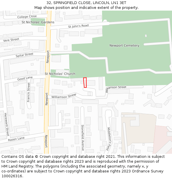 32, SPRINGFIELD CLOSE, LINCOLN, LN1 3ET: Location map and indicative extent of plot
