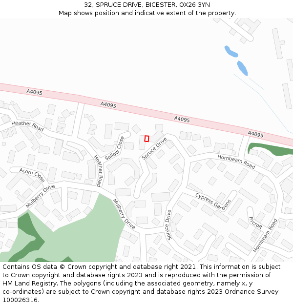 32, SPRUCE DRIVE, BICESTER, OX26 3YN: Location map and indicative extent of plot