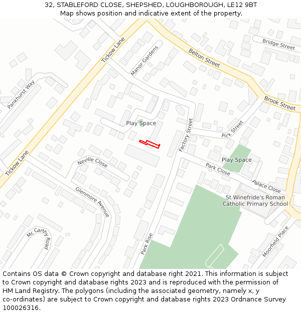 32, STABLEFORD CLOSE, SHEPSHED, LOUGHBOROUGH, LE12 9BT: Location map and indicative extent of plot
