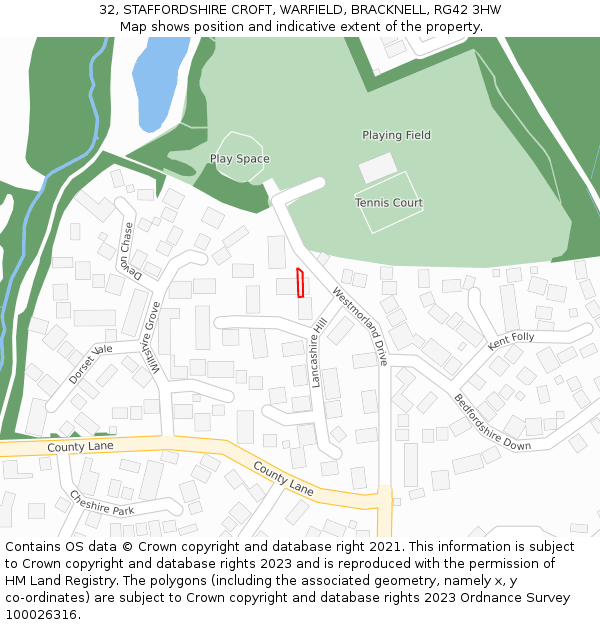 32, STAFFORDSHIRE CROFT, WARFIELD, BRACKNELL, RG42 3HW: Location map and indicative extent of plot