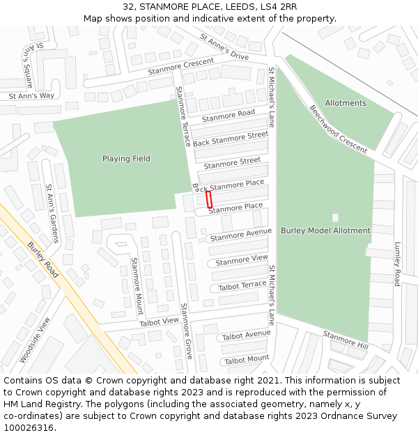 32, STANMORE PLACE, LEEDS, LS4 2RR: Location map and indicative extent of plot