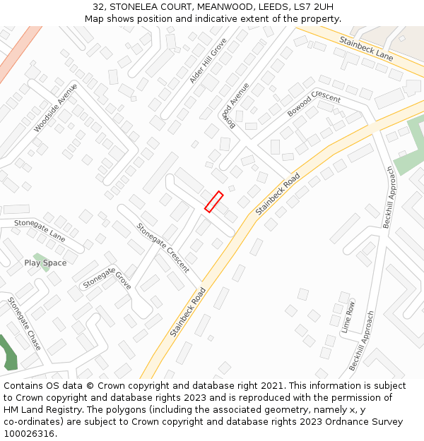 32, STONELEA COURT, MEANWOOD, LEEDS, LS7 2UH: Location map and indicative extent of plot
