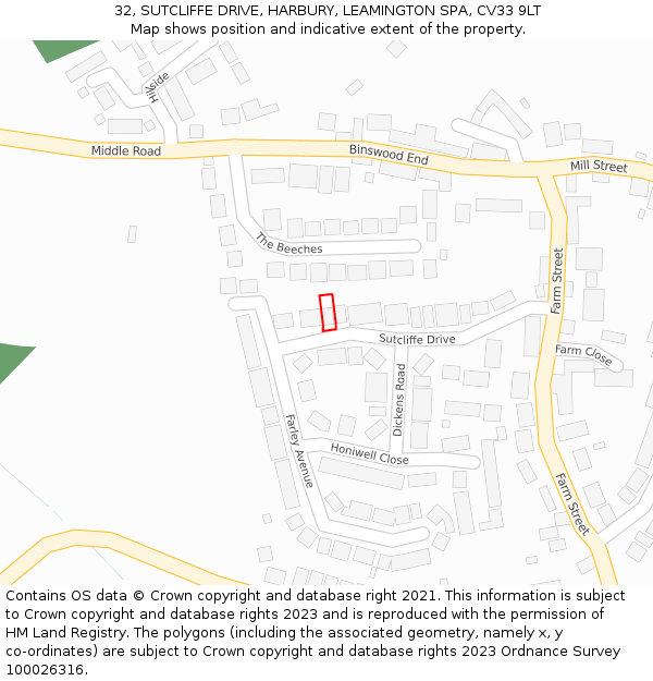 32, SUTCLIFFE DRIVE, HARBURY, LEAMINGTON SPA, CV33 9LT: Location map and indicative extent of plot
