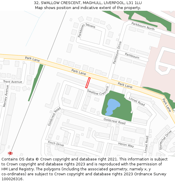 32, SWALLOW CRESCENT, MAGHULL, LIVERPOOL, L31 1LU: Location map and indicative extent of plot