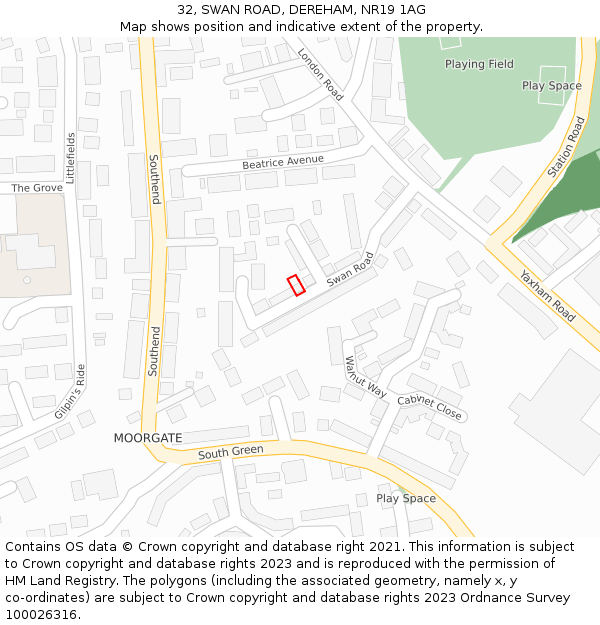 32, SWAN ROAD, DEREHAM, NR19 1AG: Location map and indicative extent of plot
