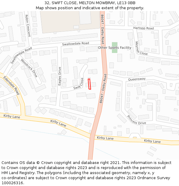 32, SWIFT CLOSE, MELTON MOWBRAY, LE13 0BB: Location map and indicative extent of plot