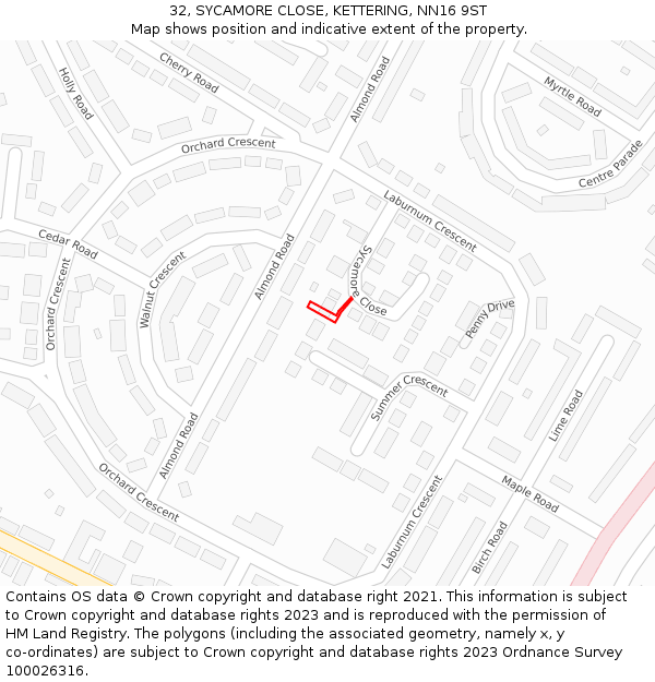 32, SYCAMORE CLOSE, KETTERING, NN16 9ST: Location map and indicative extent of plot