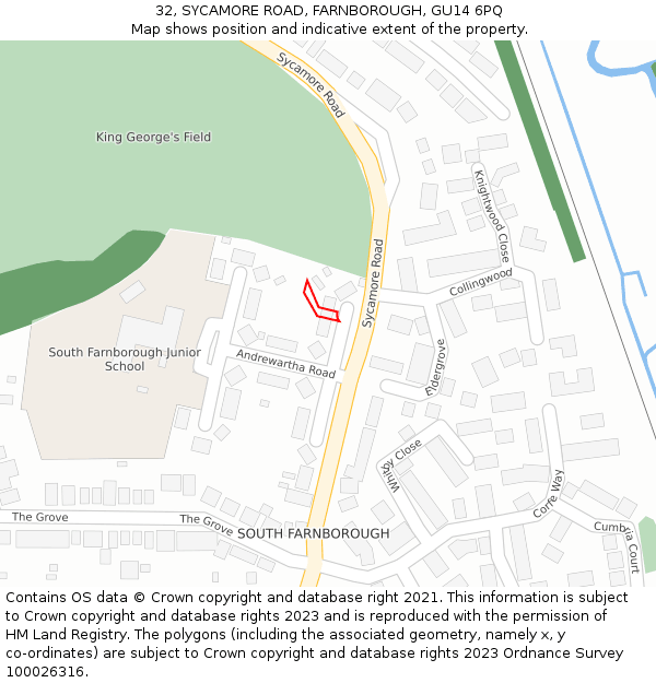 32, SYCAMORE ROAD, FARNBOROUGH, GU14 6PQ: Location map and indicative extent of plot