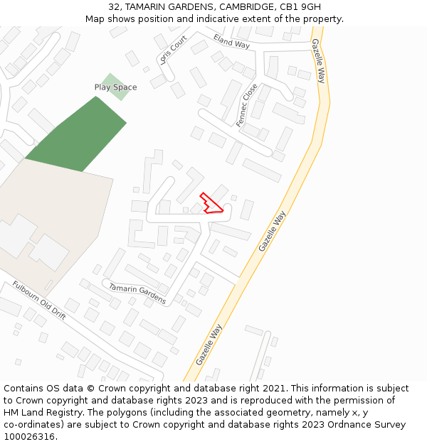 32, TAMARIN GARDENS, CAMBRIDGE, CB1 9GH: Location map and indicative extent of plot