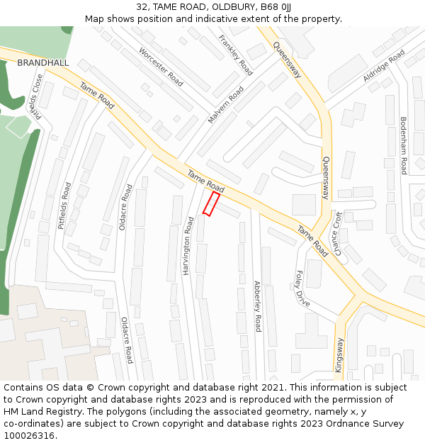 32, TAME ROAD, OLDBURY, B68 0JJ: Location map and indicative extent of plot
