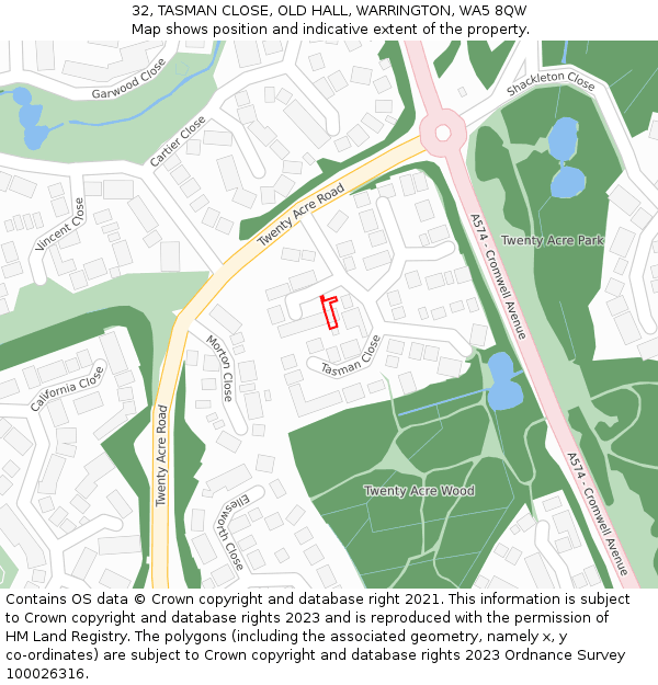 32, TASMAN CLOSE, OLD HALL, WARRINGTON, WA5 8QW: Location map and indicative extent of plot