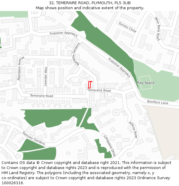 32, TEMERAIRE ROAD, PLYMOUTH, PL5 3UB: Location map and indicative extent of plot
