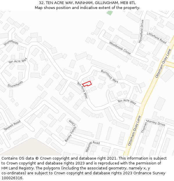 32, TEN ACRE WAY, RAINHAM, GILLINGHAM, ME8 8TL: Location map and indicative extent of plot
