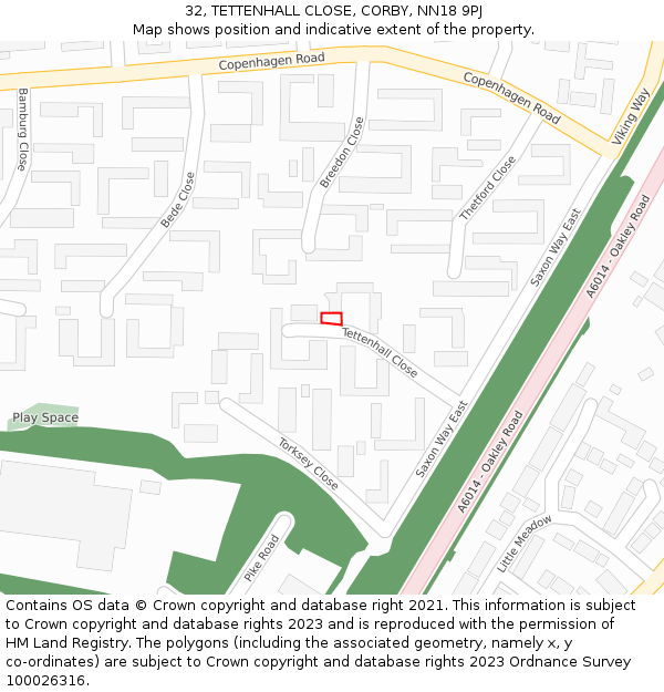 32, TETTENHALL CLOSE, CORBY, NN18 9PJ: Location map and indicative extent of plot