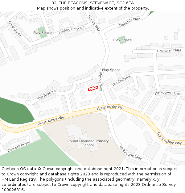 32, THE BEACONS, STEVENAGE, SG1 6EA: Location map and indicative extent of plot