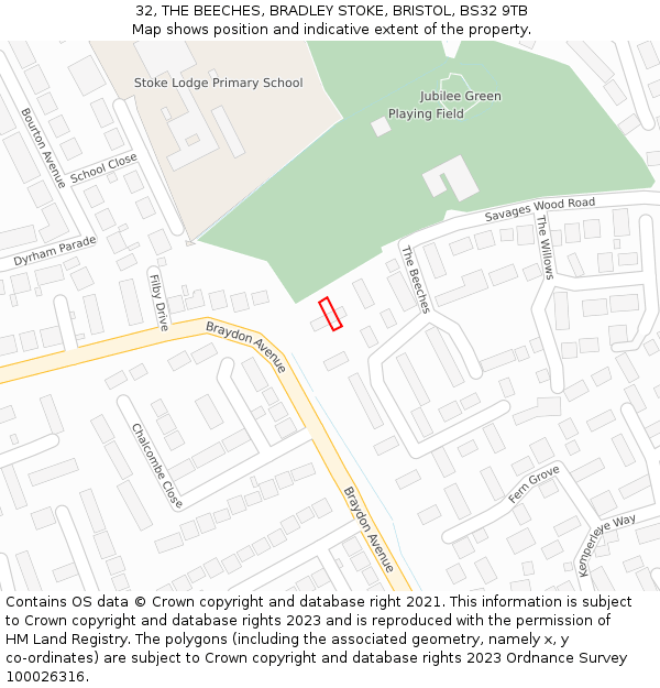 32, THE BEECHES, BRADLEY STOKE, BRISTOL, BS32 9TB: Location map and indicative extent of plot