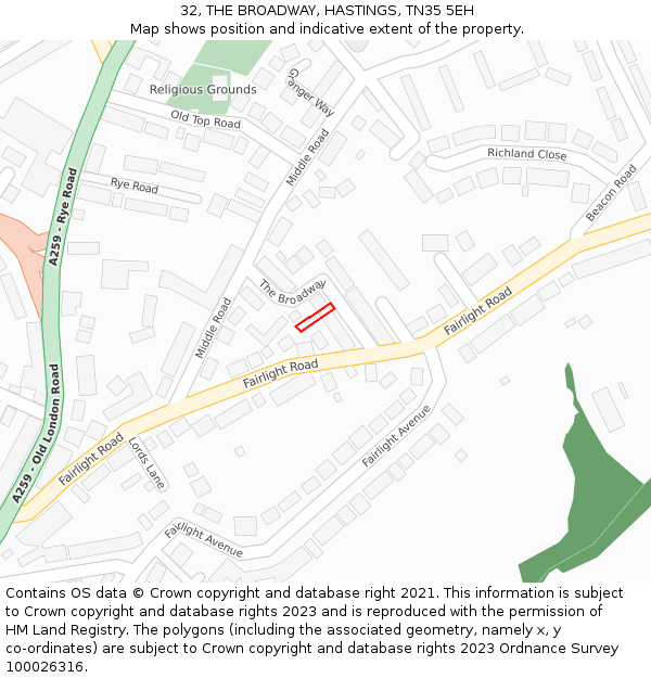 32, THE BROADWAY, HASTINGS, TN35 5EH: Location map and indicative extent of plot