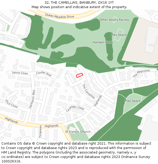 32, THE CAMELLIAS, BANBURY, OX16 1YT: Location map and indicative extent of plot