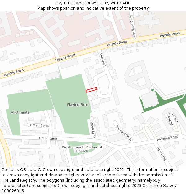 32, THE OVAL, DEWSBURY, WF13 4HR: Location map and indicative extent of plot