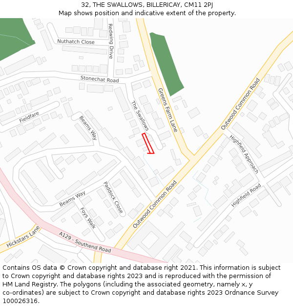 32, THE SWALLOWS, BILLERICAY, CM11 2PJ: Location map and indicative extent of plot