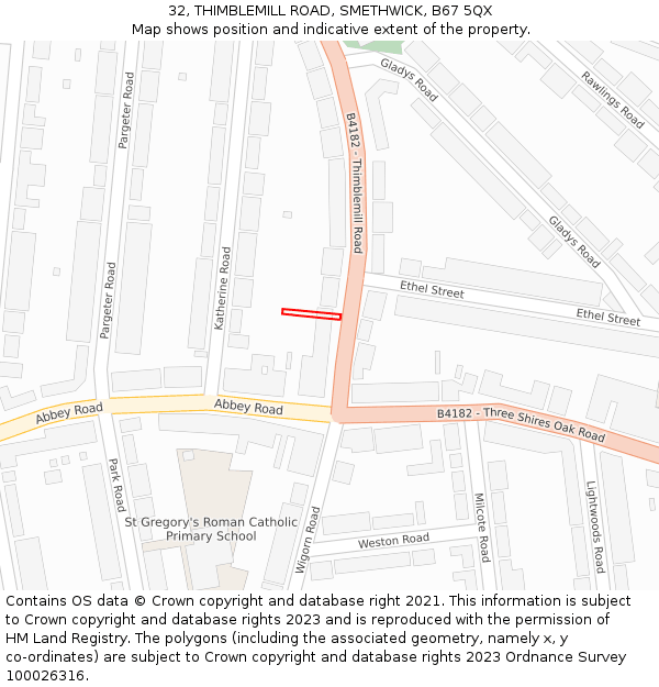 32, THIMBLEMILL ROAD, SMETHWICK, B67 5QX: Location map and indicative extent of plot