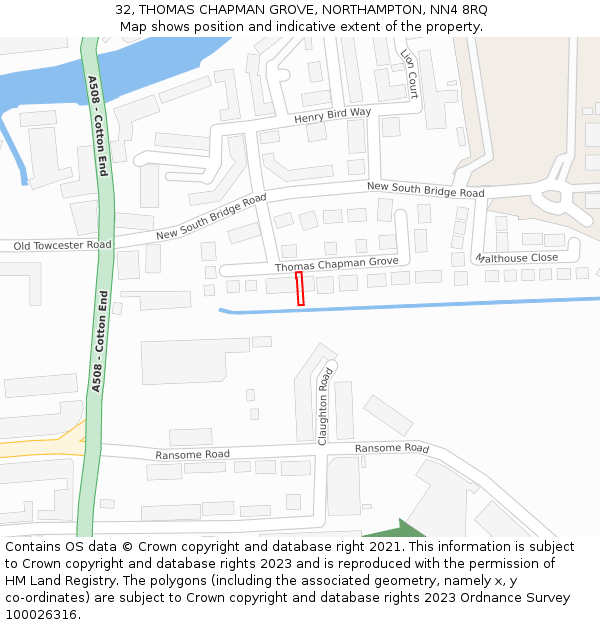 32, THOMAS CHAPMAN GROVE, NORTHAMPTON, NN4 8RQ: Location map and indicative extent of plot