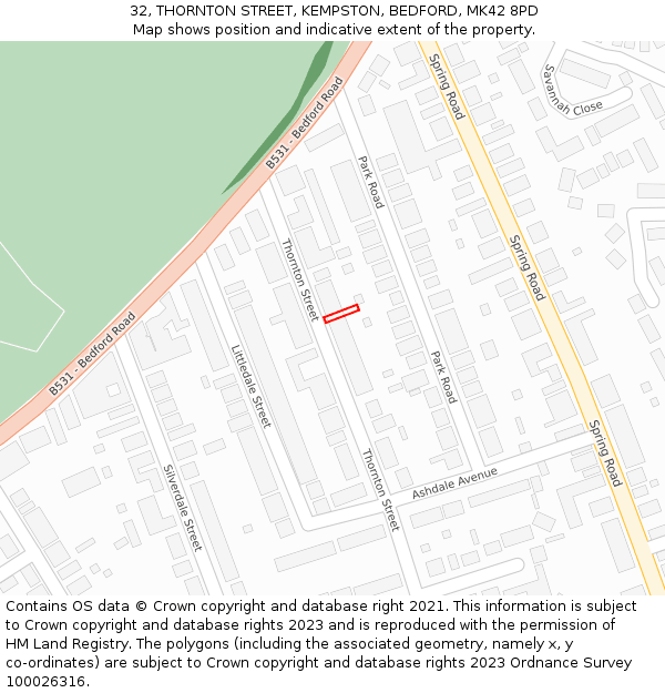 32, THORNTON STREET, KEMPSTON, BEDFORD, MK42 8PD: Location map and indicative extent of plot