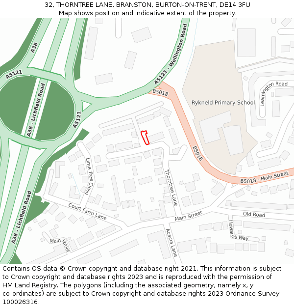 32, THORNTREE LANE, BRANSTON, BURTON-ON-TRENT, DE14 3FU: Location map and indicative extent of plot
