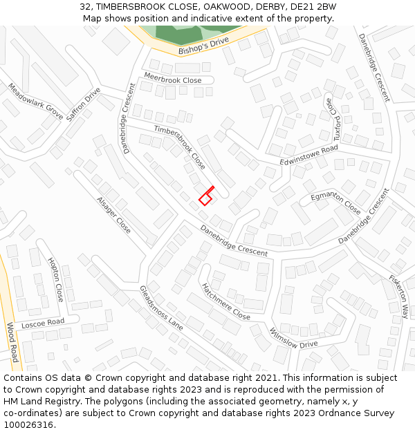 32, TIMBERSBROOK CLOSE, OAKWOOD, DERBY, DE21 2BW: Location map and indicative extent of plot