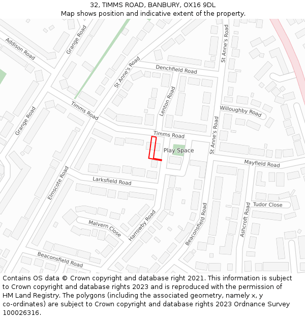 32, TIMMS ROAD, BANBURY, OX16 9DL: Location map and indicative extent of plot