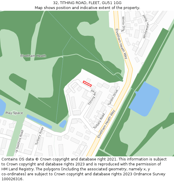32, TITHING ROAD, FLEET, GU51 1GG: Location map and indicative extent of plot