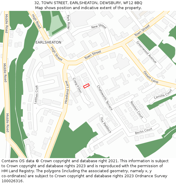 32, TOWN STREET, EARLSHEATON, DEWSBURY, WF12 8BQ: Location map and indicative extent of plot