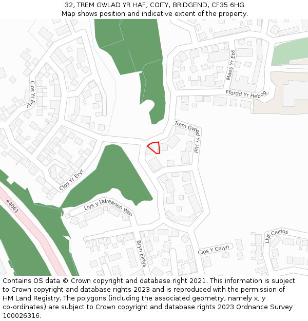 32, TREM GWLAD YR HAF, COITY, BRIDGEND, CF35 6HG: Location map and indicative extent of plot