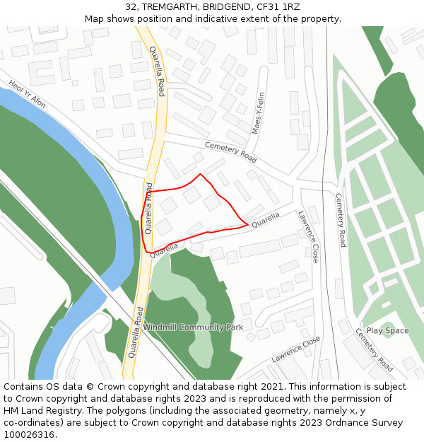 32, TREMGARTH, BRIDGEND, CF31 1RZ: Location map and indicative extent of plot