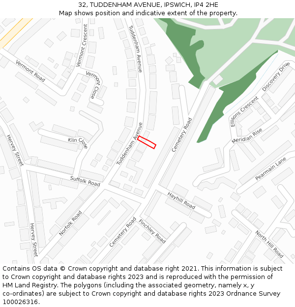 32, TUDDENHAM AVENUE, IPSWICH, IP4 2HE: Location map and indicative extent of plot