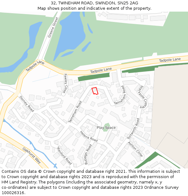 32, TWINEHAM ROAD, SWINDON, SN25 2AG: Location map and indicative extent of plot