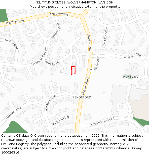 32, TYNING CLOSE, WOLVERHAMPTON, WV9 5QH: Location map and indicative extent of plot