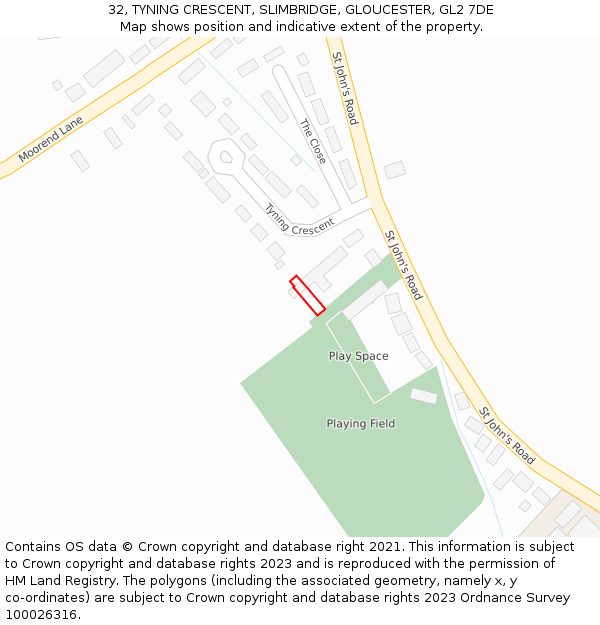 32, TYNING CRESCENT, SLIMBRIDGE, GLOUCESTER, GL2 7DE: Location map and indicative extent of plot