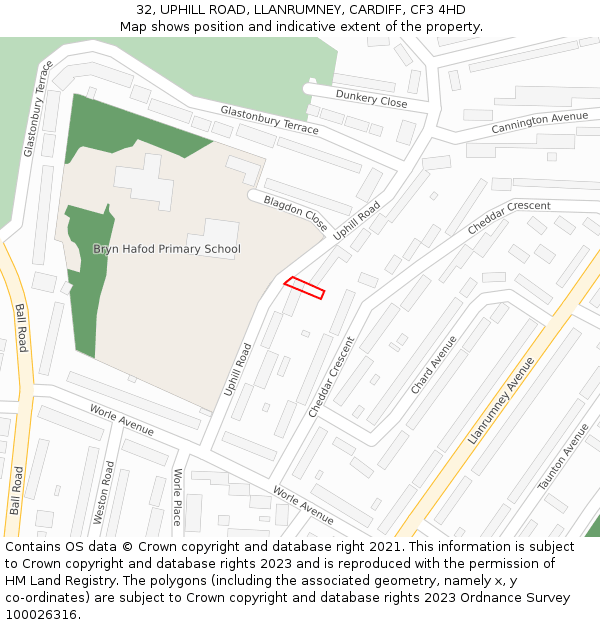 32, UPHILL ROAD, LLANRUMNEY, CARDIFF, CF3 4HD: Location map and indicative extent of plot