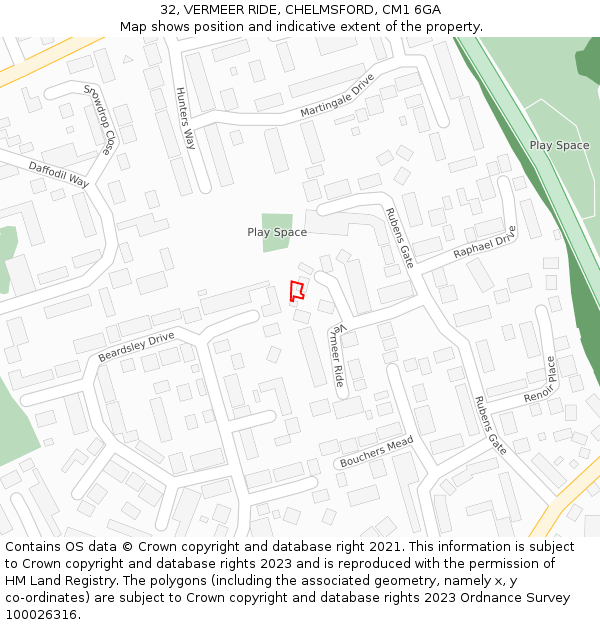 32, VERMEER RIDE, CHELMSFORD, CM1 6GA: Location map and indicative extent of plot